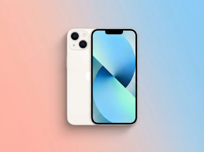 Vue de face et de dos d'un iPhone blanc sur un fond dégradé bleu et orange.
