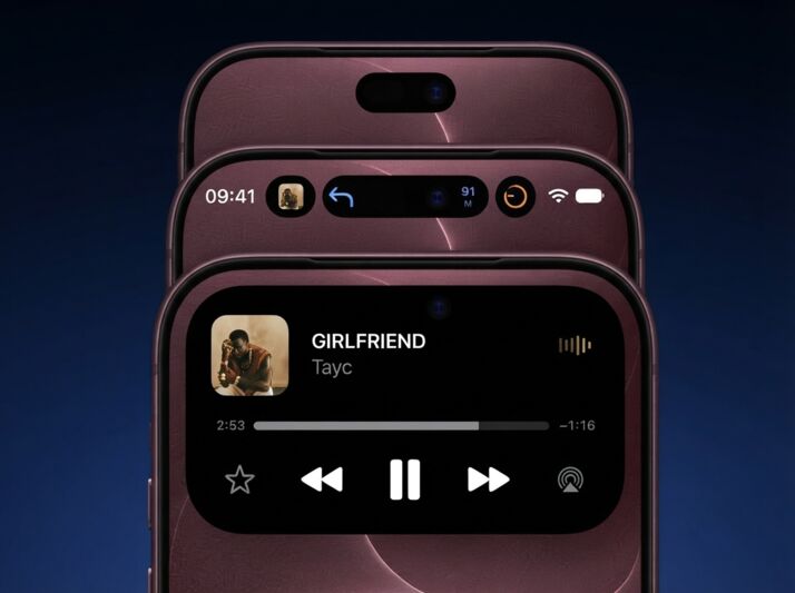 Trois smartphones affichant l'interface Dynamic Island avec le lecteur de musique actif.
