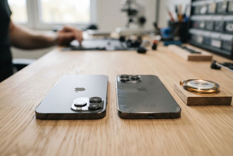 Deux iPhone posés sur une table, l'un avec un dos intact et l'autre avec des micro-rayures.