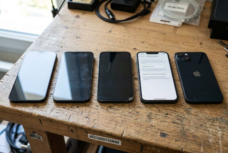 Plusieurs iPhone reconditionnés alignés présentant des rayures et marques d'usure variées sur les écrans et châssis.
