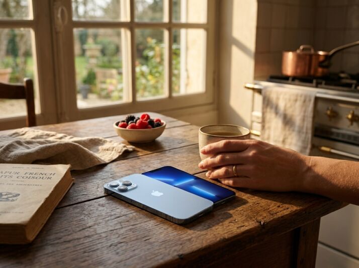 Un iPhone posé sur une table en bois près d'une tasse, de fruits et d'un livre, éclairage naturel, style publicitaire.