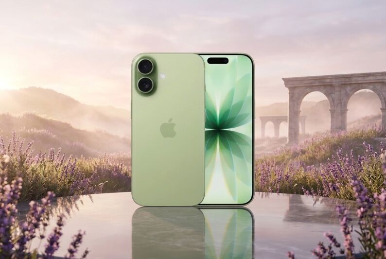 iPhone vert posé sur un socle en pierre devant un champ de lavande et des arches en arrière-plan.