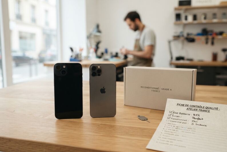 Deux iPhones reconditionnés sur une table en bois avec une boîte neutre, un outil de diagnostic et une fiche de contrôle.