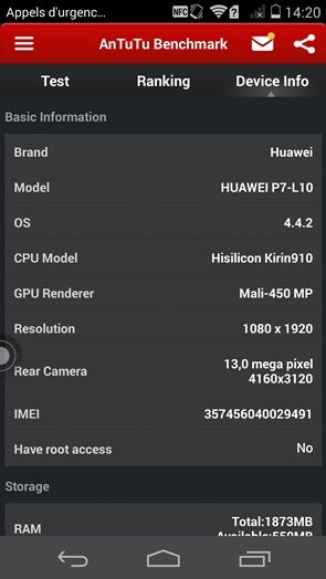 Huawei Ascend P7 : AnTuTu le classe au niveau des haut de gamme de 2013