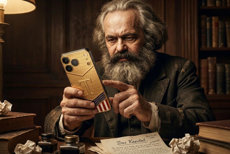 Karl Marx tenant un smartphone T-Great de Caviar dans sa main.