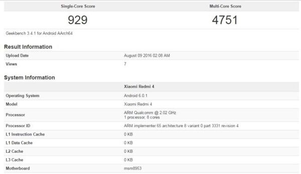 Le Xiaomi Redmi 4 apparaît sur Geekbench