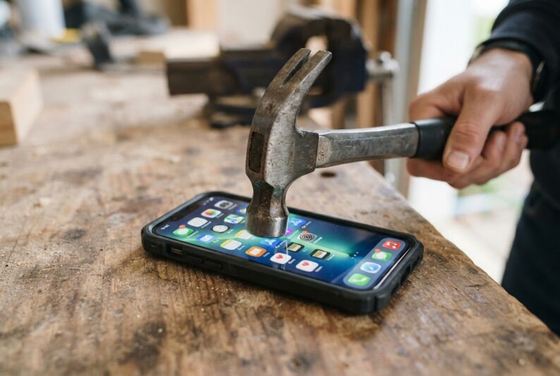 Un marteau frappe l'écran d'un smartphone intact.