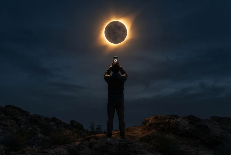 Une personne photographie une éclipse solaire avec un smartphone.
