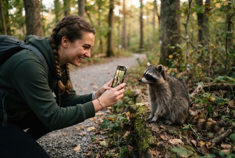 Une personne utilise un smartphone pour photographier un raton laveur.