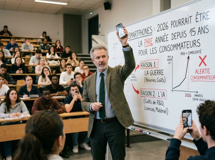 Un professeur présente un graphique sur les risques économiques des smartphones en 2026 devant des étudiants.