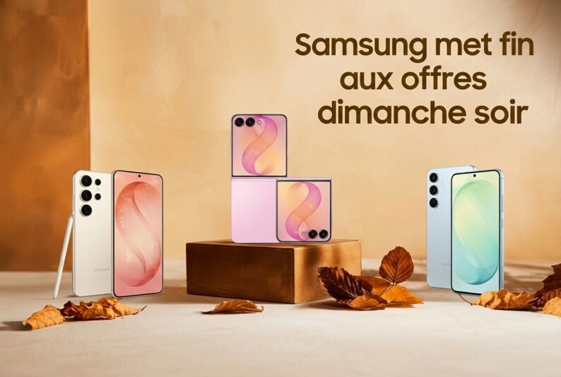 Trois smartphones Samsung posés sur un socle en bois avec le texte : Samsung met fin aux offres dimanche soir.