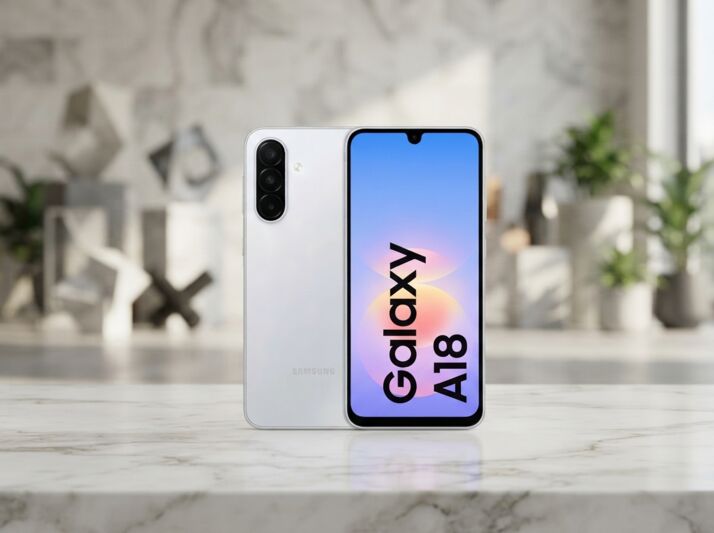 Smartphone Samsung Galaxy A18 blanc posé sur une table en marbre devant un fond flou.