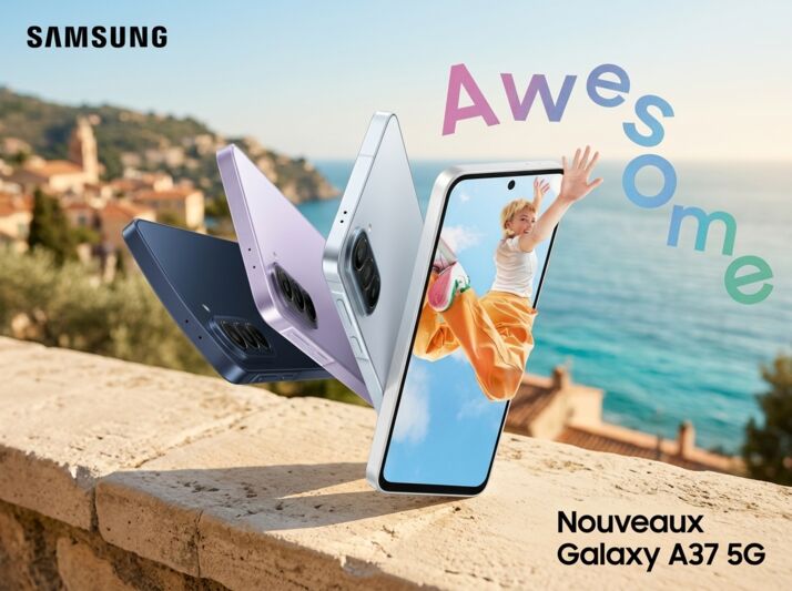 Un smartphone Samsung Galaxy A37 5G photographié en extérieur, éclairage naturel, style publicitaire.