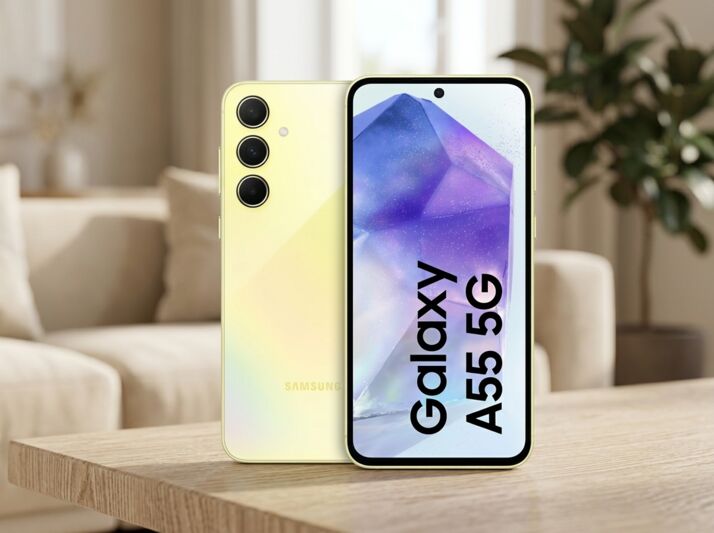 Smartphone Samsung Galaxy A55 5G jaune posé sur une table avec un fond uni.