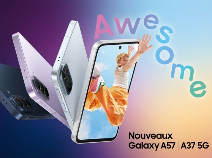Trois smartphones Samsung Galaxy A57 et A37 5G présentés sur un fond dégradé avec le mot Awesome.