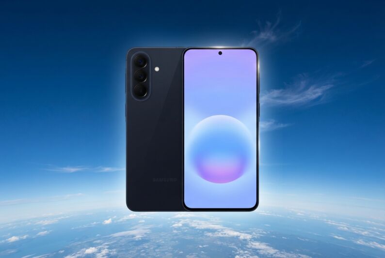 Smartphone Samsung Galaxy A57 flottant dans un ciel bleu.