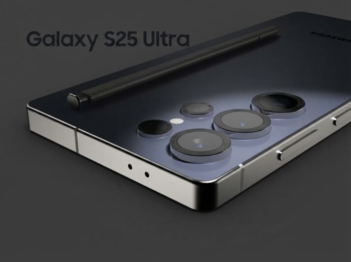 Smartphone Samsung Galaxy S25 Ultra avec stylet posé sur le dos de l'appareil.