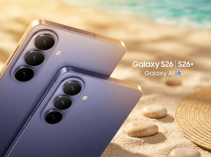 Deux smartphones Samsung Galaxy S26 et S26+ avec Galaxy AI posés sur une plage.