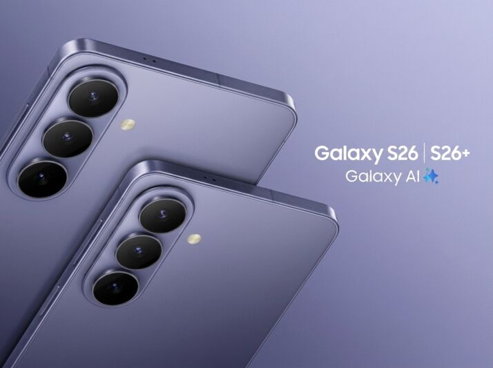Deux smartphones Samsung Galaxy S26 et S26+ sur fond violet avec le texte Galaxy AI.