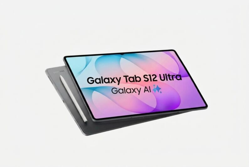 Tablette Samsung Galaxy Tab S12 Ultra avec stylet, affichant le texte Galaxy Tab S12 Ultra et Galaxy AI.