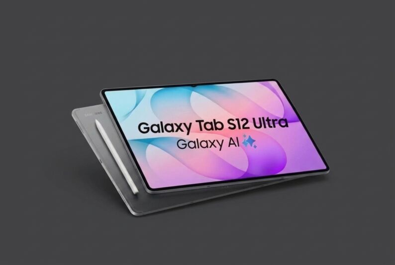 Tablette Samsung Galaxy Tab S12 Ultra avec stylet sur fond gris.