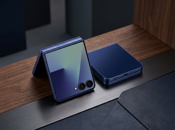 Deux smartphones pliables Samsung Galaxy Z Flip posés sur une surface en bois et métal.