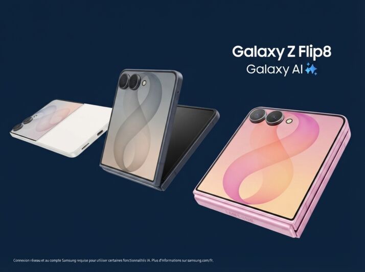 Trois smartphones Samsung Galaxy Z Flip8 présentés sur un fond bleu nuit avec le logo Galaxy AI.