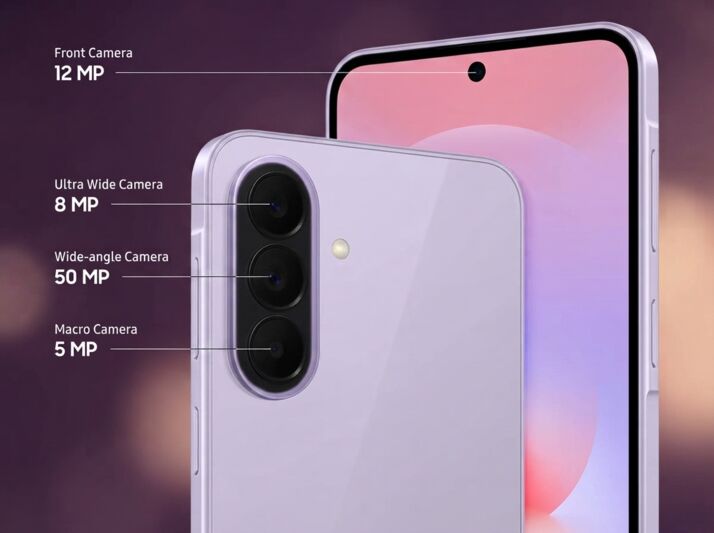 Schéma des caractéristiques des capteurs photo d'un smartphone violet : 12 MP, 8 MP, 50 MP et 5 MP.