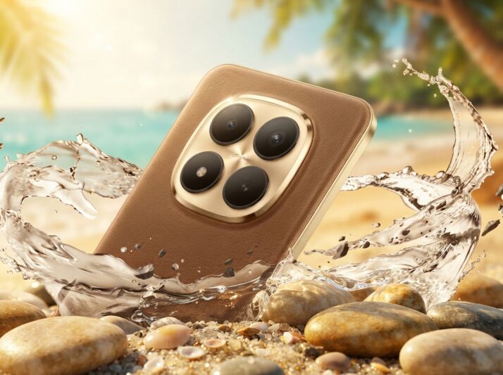Smartphone avec dos en cuir et bloc photo circulaire, entouré d'éclaboussures d'eau sur une plage.