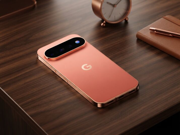 Smartphone Google Pixel posé sur un bureau en bois avec un réveil et un carnet.