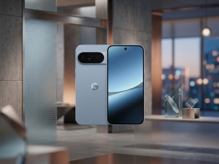 Smartphone Google Pixel bleu présenté de face et de dos dans un intérieur moderne.
