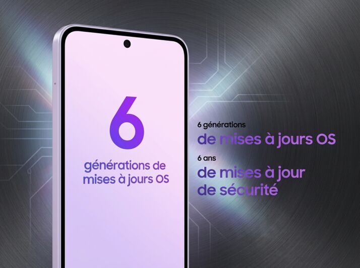 Smartphone affichant 6 générations de mises à jour OS et 6 ans de mises à jour de sécurité.