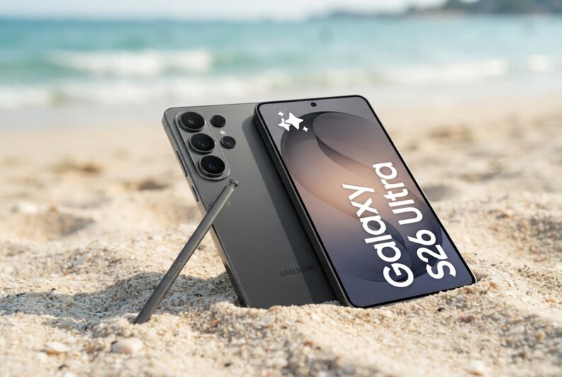 Un smartphone posé sur le sable d'une plage.
