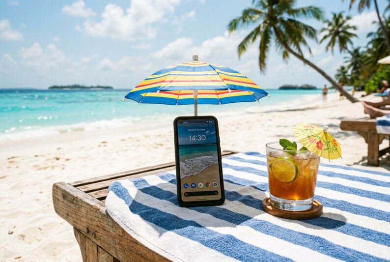Smartphone et verre avec ombrelle posés sur un transat sous un parasol sur une plage.