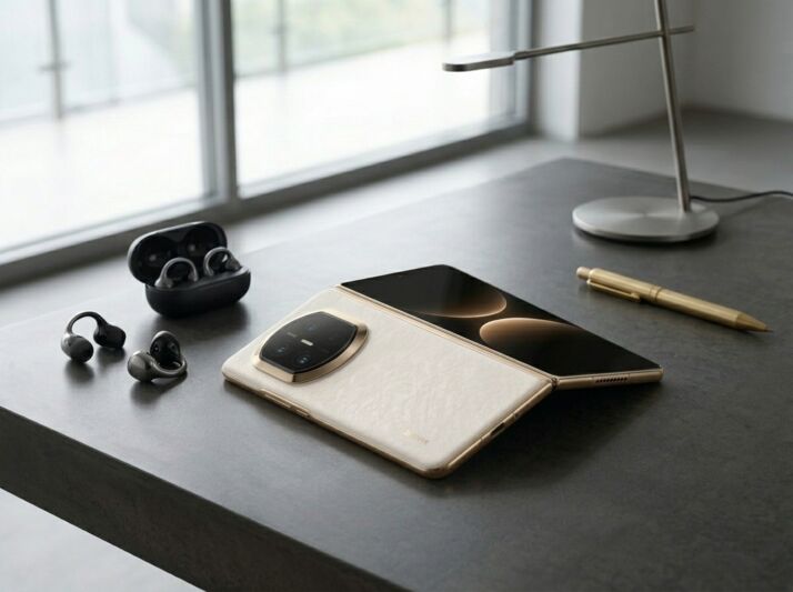Un smartphone pliable et des écouteurs sans fil sur un bureau, éclairage naturel, photographie de produit.