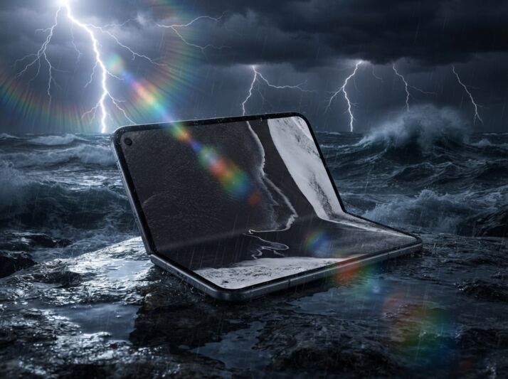 Smartphone pliable posé sur des rochers face à une mer agitée sous un orage avec des reflets lumineux.