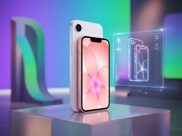 Un smartphone photographié sur un socle, éclairage studio, style publicitaire.
