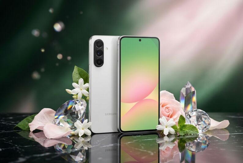 Smartphone Samsung blanc entouré de fleurs, de cristaux et de feuilles sur une surface en marbre noir.
