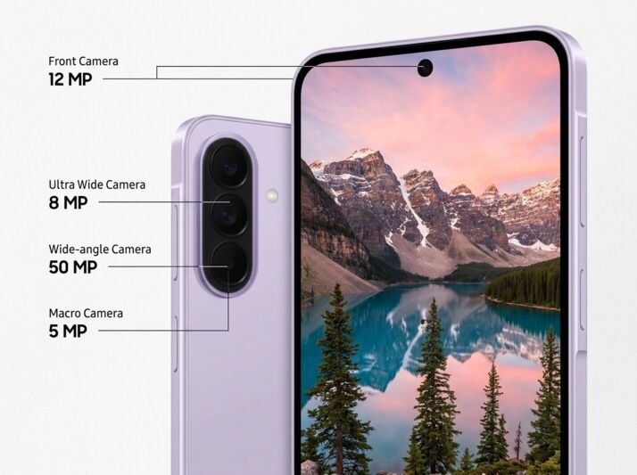 Smartphone violet avec spécifications des capteurs photo et fond d'écran de paysage montagneux.