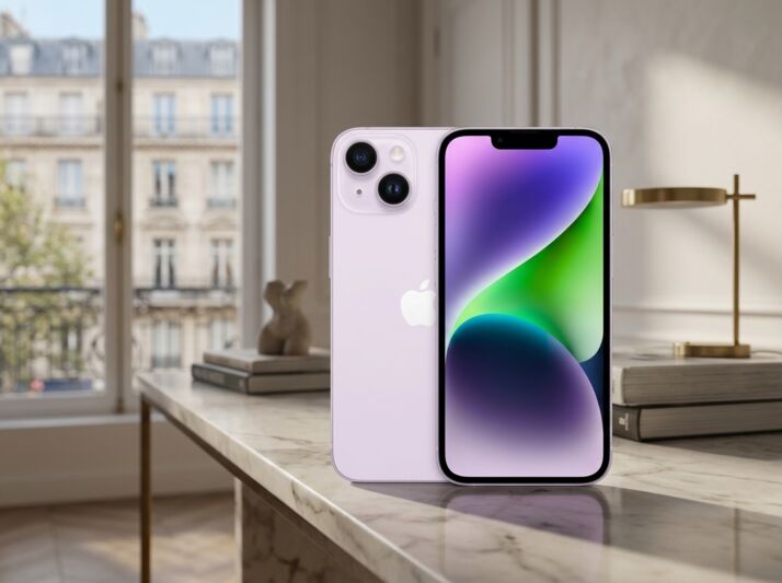 Smartphone violet posé sur une table en marbre devant une fenêtre.