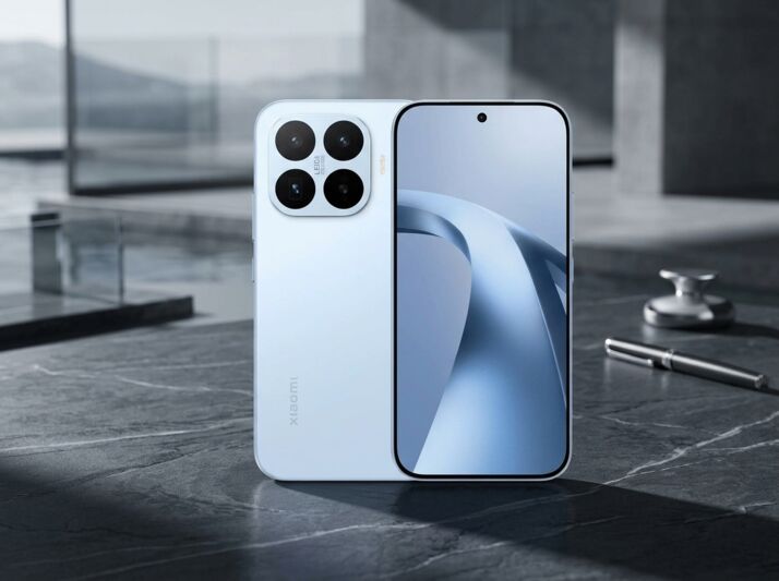 Smartphone Xiaomi blanc posé sur une table en pierre avec un stylo.