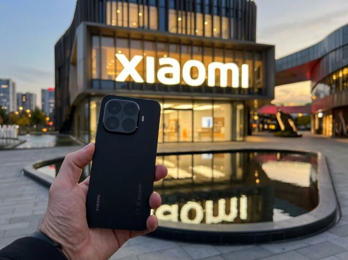 Main tenant un smartphone Xiaomi devant un magasin Xiaomi avec un bassin en extérieur.
