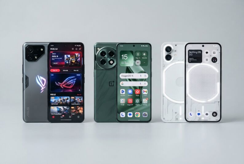 Asus ROG Phone 9, OnePlus 13 et Nothing Phone 3a Pro alignés sur un fond uni.