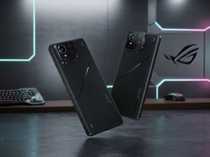 Deux smartphones Asus ROG noirs en lévitation sur un fond neutre.