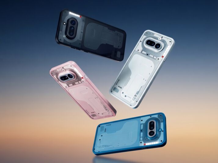Quatre smartphones de couleurs différentes flottant sur un fond dégradé.