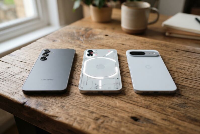 Samsung Galaxy S24 FE, Nothing Phone 3a Pro et Google Pixel 9a vus de dos sur une surface en bois.