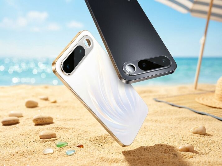 Deux smartphones, un blanc et un noir, en suspension au-dessus d'une plage de sable avec un parasol en arrière-plan.