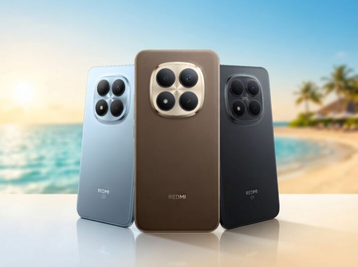 Trois smartphones Redmi de couleurs différentes sur un fond de plage.