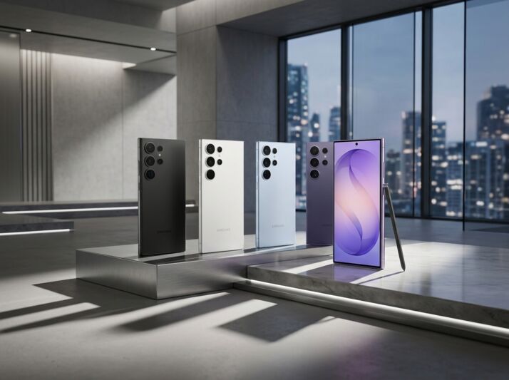 Quatre smartphones Samsung alignés sur un socle en pierre dans un bureau avec vue sur une ville, éclairage studio.