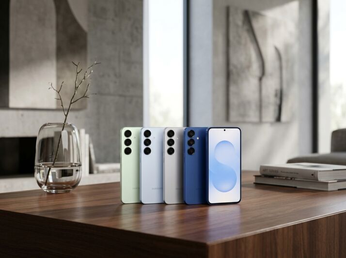Quatre smartphones Samsung de couleurs différentes alignés sur une table en bois dans un salon.
